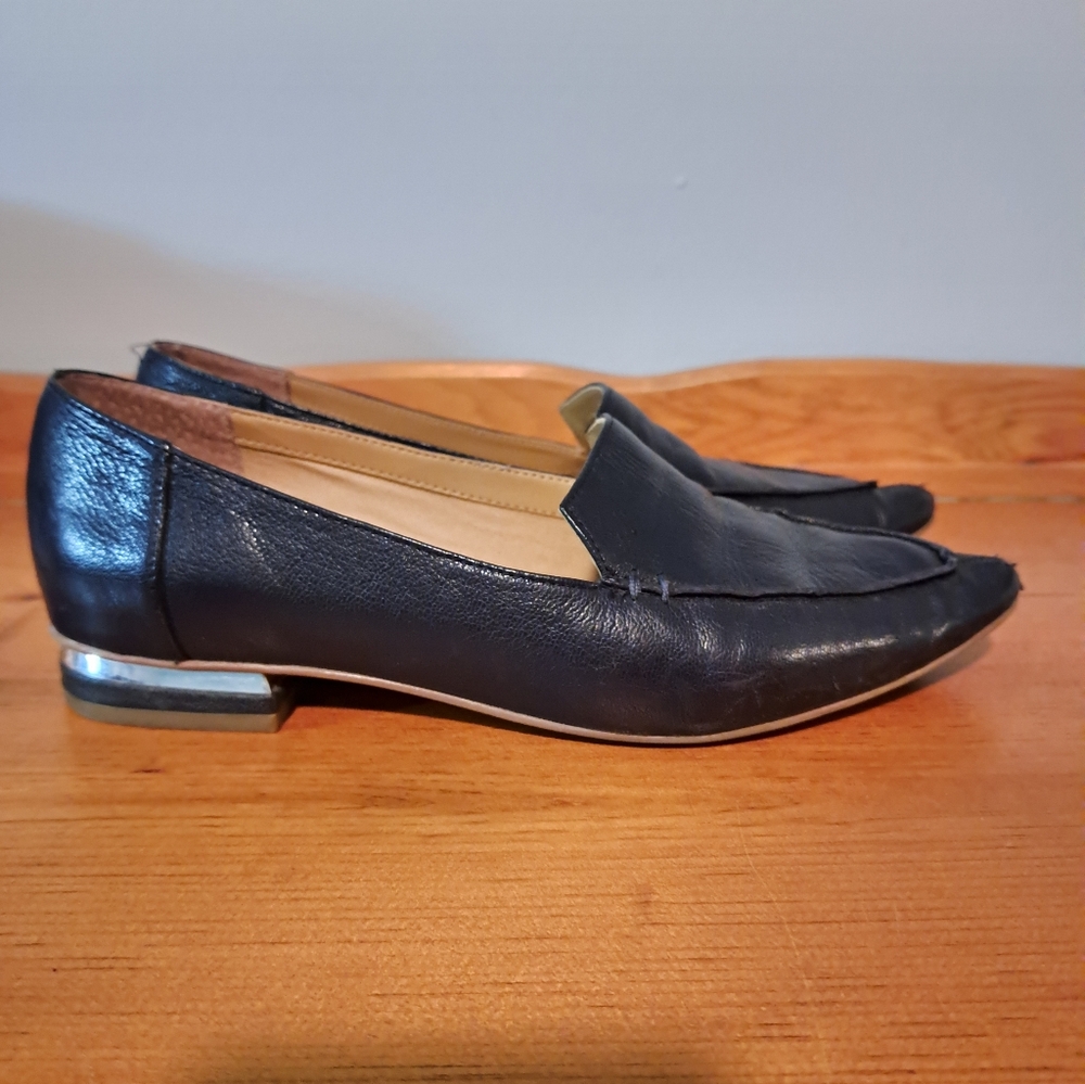 Navy Franco Sarto Leather Loafers with Silver Heel Accent Size 7.5